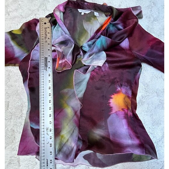 Audrey Talbott Carmel Silk Ruffle Blouse Top Size 6 Burgundy Abstract Print Boho - Picture 5 of 9